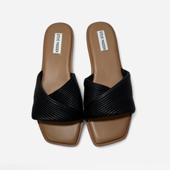 Steve Madden Shoes - Steve Madden Black Crossband Slide Sandals with Tan Footbed